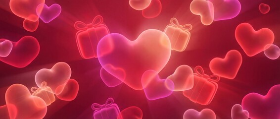 Valentine&rsquo;s day abstract background with glowing heart with gift box shapes and soft gradient lighting. Romantic love concept for celebration and holiday poster background design. Panoramic bg
