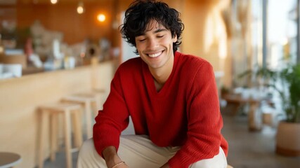 Young hispanic male in cozy cafe setting wearing red sweater
