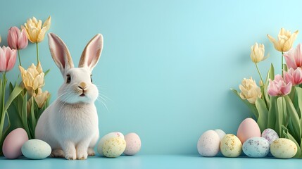 Easter bunny, eggs and colorful tulip flowers on blue background with copy space for text. Happy easter holiday celebration background.