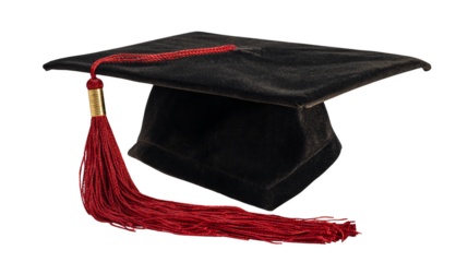 A black graduation cap with a red tassel