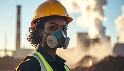 Construction worker wearing yellow hard hat, protective respirator, and reflective vest stands confidently at industrial site with smoke and factory background, showing determination