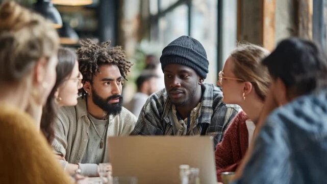 Brainstorming Gathering: A group of individuals deeply engaged in an animated discussion around a laptop, a symbol of collaboration and open-mindedness, emphasizing a meeting of minds.