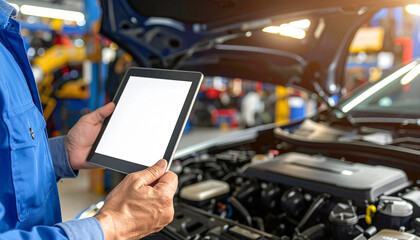 Mechanic holding tablet in auto repair shop inspecting hybrid car engine bay with visible battery module cover, technology and maintenance concept