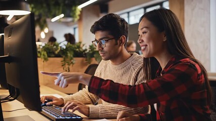 Students work together on computer in office space. Teamwork shows collaboration while typing on keyboard. Students learning together at computer. Office collaboration with students working. - Powered by Adobe