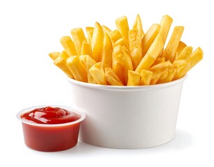 Delicious french fries in a white bucket with ketchup