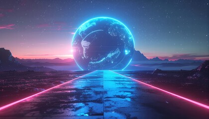 Futuristic Globe with Neon Lights in Desert Landscape.
