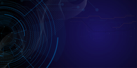 Technology science concept banner. Vector futuristic technology background with circle circuit wires on light blue motherboard.