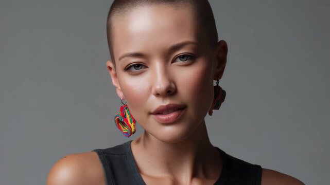 Close-up portrait of a young woman with a buzz cut wearing colorful hoop earrings