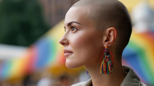 Bald woman with rainbow earrings looking thoughtfully into the distance at a pride event