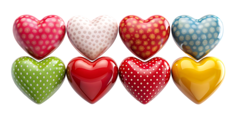 Colorful hearts with white and gold patterns on white isolated on a transparent background