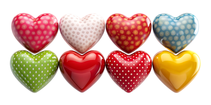 Colorful hearts with white and gold patterns on white isolated on a transparent background - Powered by Adobe