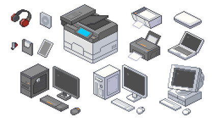 Pixel art cartoon depicting a set of computers and office equipment.