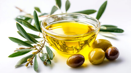 Clear bowl of rich olive oil surrounded by plump olives and delicate olive branches, embodying the spirit of healthy, natural cooking. Perfect for creative designs