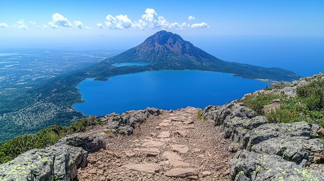 A mountaintop view overlooking a bright blue lake and distant coastline