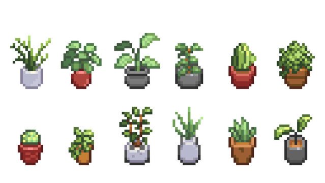 A cute little tree in a pot, drawn in a pixel art style. Perfect for decoration.