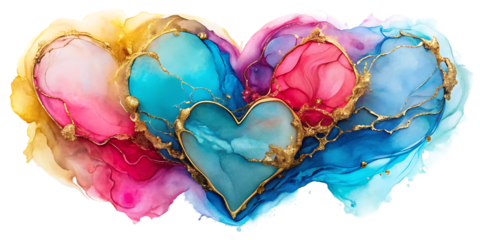 Colorful hearts with gold accents on white isolated on a transparent background abstract pink