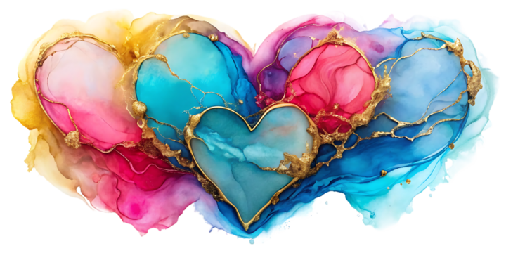 Colorful hearts with gold accents on white isolated on a transparent background abstract pink - Powered by Adobe