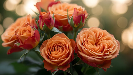 Vibrant orange roses in bloom with bokeh background