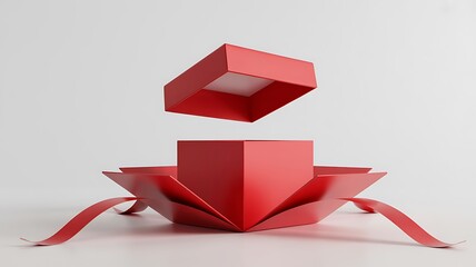A 3D rendering of a vibrant red gift box with ribbon unfolding on a pristine white background