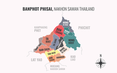 Map showing Banphot Phisai District Nakhon Sawan Thailand divided into sub districts with minimalist colorful patterns
