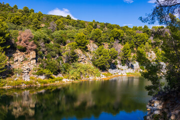 Fototapeta premium Dramont lakes in Saint-Raphaël, former blue porphyry quarry transformed into a natural area