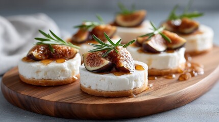 Gourmet snack with rice cakes, almond butter, and fresh fig on wooden board for culinary inspiration