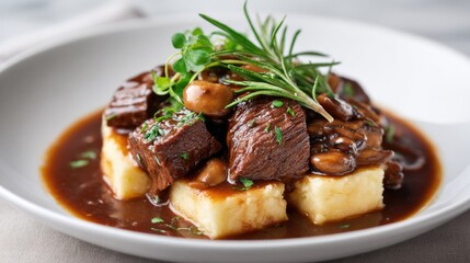 Delicious aligot with beef bourguignon garnished with herbs on minimalist white background