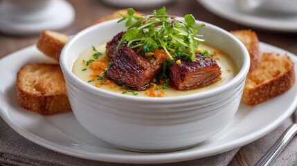 Gourmet aligot with duck confit and fresh greens on elegant white dish, perfect for culinary presentation and fine dining experience