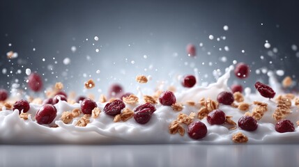 Buckwheat flakes and dried cranberries in motion against a gray background