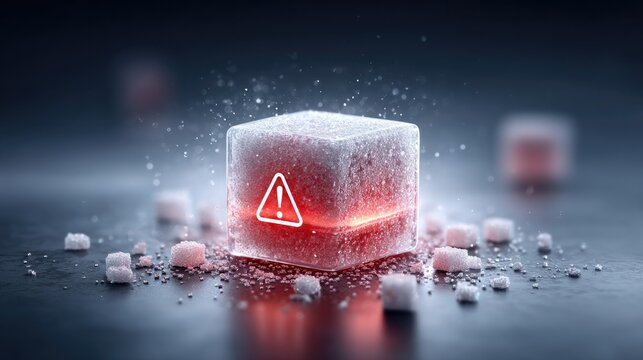 Broken sugar cube with red warning sign surrounded by scattered debris on dark background, symbolizing health warnings and dietary caution
