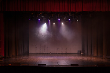 scene, stage light with colored spotlights and smoke