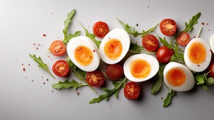 Dynamic culinary concept with flying boiled eggs, arugula, and cherry tomatoes on gray background for creative food design
