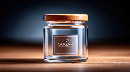 Empty glass jar with no sugar label on wooden table for healthy diet and lifestyle concept
