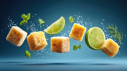 Flavored sugar cubes with citrus and herbs floating on dark blue background for culinary and beverage concepts