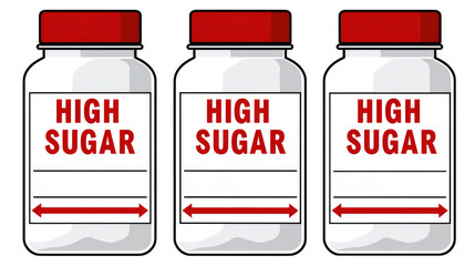 Food label design emphasizing high sugar content with bold red warnings on white background for nutritional awareness