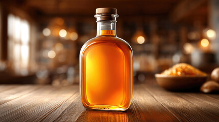 Vintage maple syrup bottle with classic label design in warm rustic setting