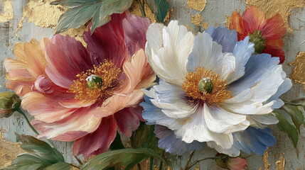 luxury floral oil painting with gold leaf texture elegant flower background for wall art and wallpaper