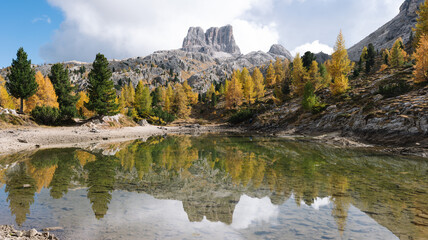 Mountain Lake - Lago di Limides Dolomites National Park Italy - Alpine landscape with mountains and lakes in autumn fall summer