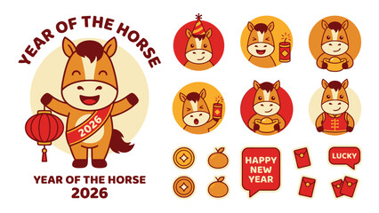 Naklejka premium Cute Cartoon Horse Celebrating Chinese New Year 2026.