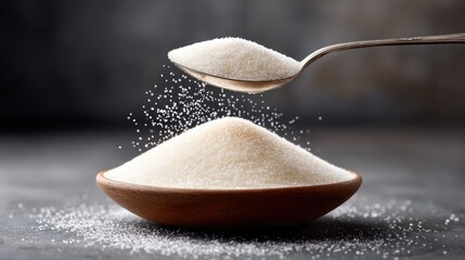 Granulated sugar pile with vintage spoon in dynamic motion for culinary design and food concept