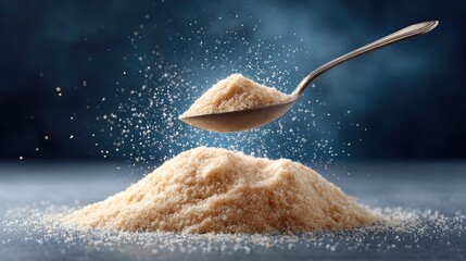 Flying vintage spoon with granulated sugar on blue background for culinary design and kitchen inspiration