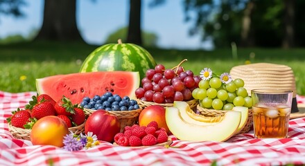 Abundant summer picnic feast of fresh fruits and refreshments outdoors