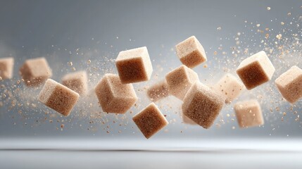 Raw cane sugar cubes and grains floating gracefully in air on gray background for unique food presentation