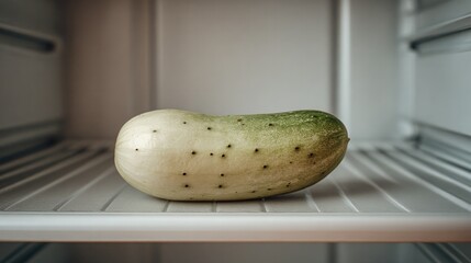 Overripe cucumber with dark spotting on fridge shelf highlighting food waste and freshness concerns in kitchen storage