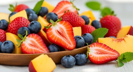 Vibrant bowl of fresh strawberries blueberries and peach slices