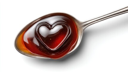 Heart shape in syrup on spoon over white background for love and culinary themes