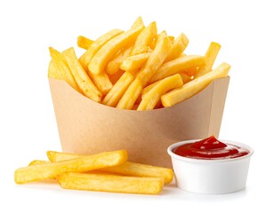 Delicious French fries in a paper bag with ketchup