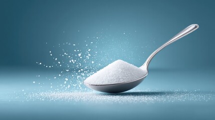 Spoonful of xylitol and erythritol sweeteners falling gently against gradient blue background
