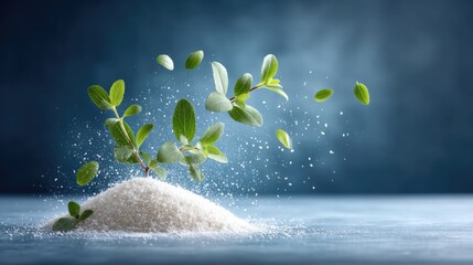 Stevia leaves and powder in midair creating a natural sweetener explosion on a blue background