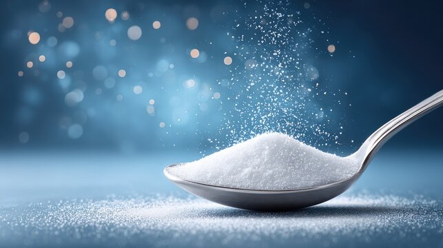 Spoonful of xylitol and erythritol sweeteners falling gracefully against blue background for healthy natural sugar alternatives concept